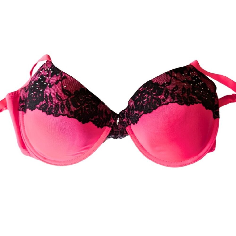 38 D Hot Pink Black Lace Underwire Rhinestone Detail - Picture 1 of 6